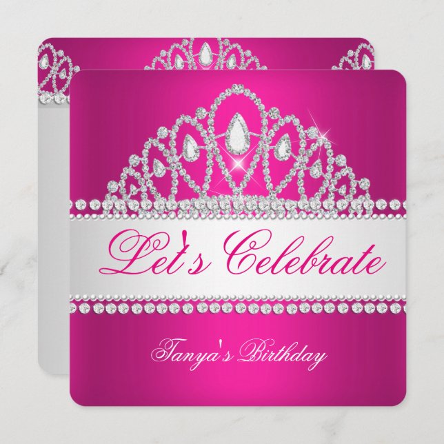 Princess Fuchsia White Diamond Tiara Birthday Invitation (Front/Back)