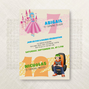 Princess Gamer Joint Double Birthday Invitation