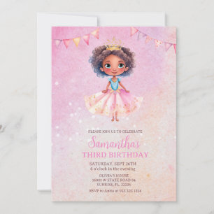 Princess Girl African American Glitter Birthday  Invitation
