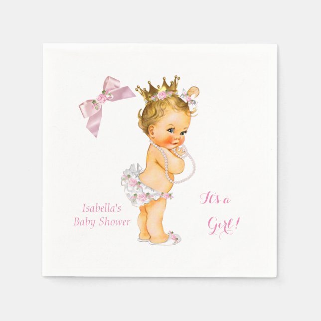 Princess Girl Baby Shower Pink Gold Crown Blonde Napkin (Front)