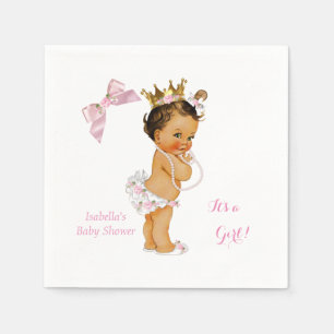 Princess Girl Baby Shower Pink Gold Crown Brunette Napkin