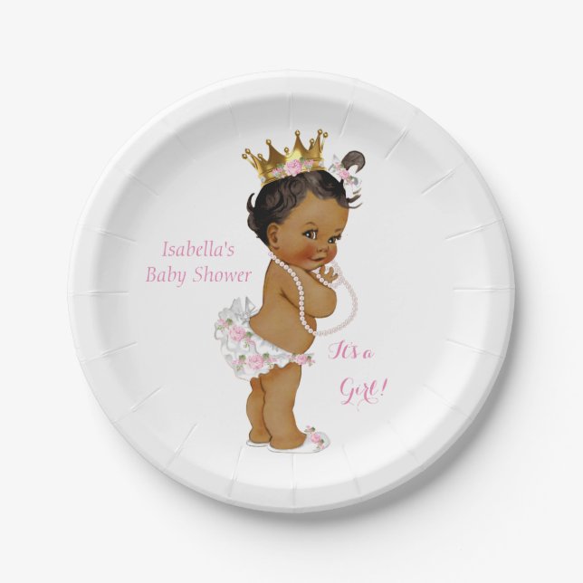 Princess Girl Baby Shower Pink Gold Crown Ethnic Paper Plate (Front)