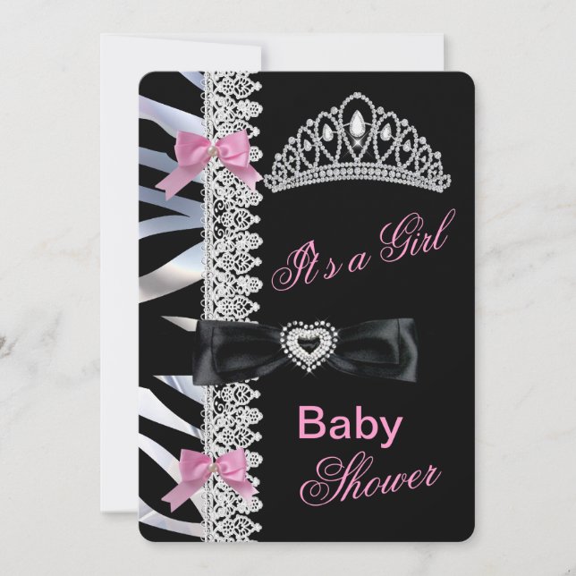 Princess Girl Baby Shower Tiara Zebra Pink Black Invitation (Front)