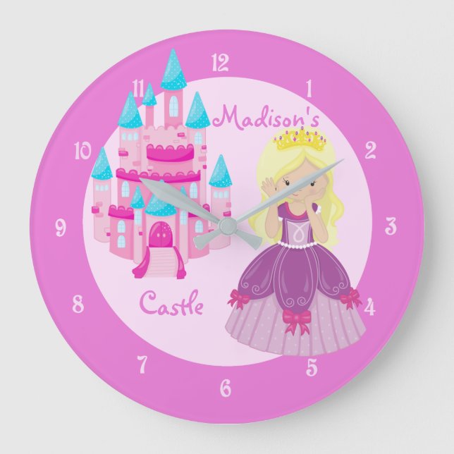 Princess Girl Pink Castle Cute Custom Childrens Large Clock (Front)