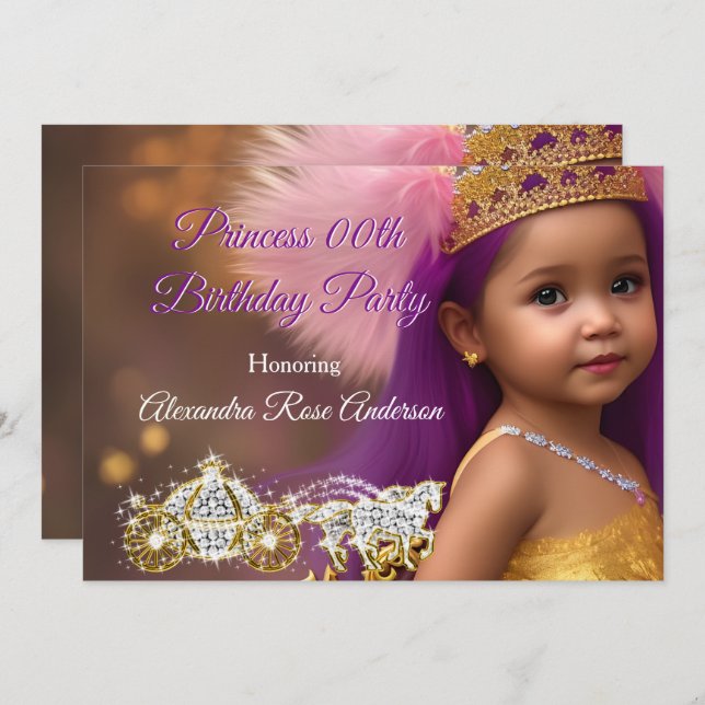 Princess Girls Birthday Party Carriage purple pink Invitation (Front/Back)