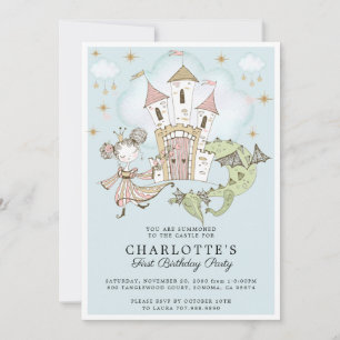 Princess Girl's Blue Gold 1st Birthday Invitation