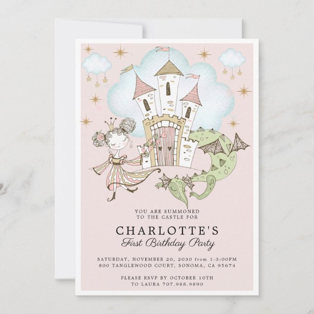 Princess Girl's Pink Gold 1st Birthday  Invitation (Front)