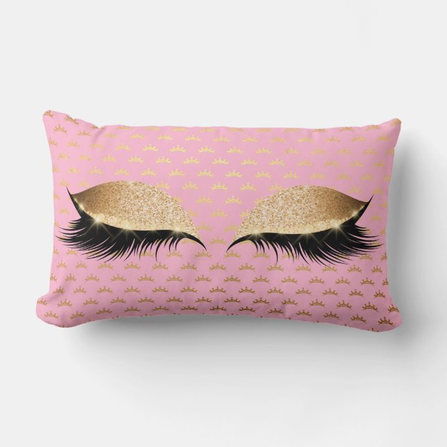 Princess Gold Glitter Black Makeup Stars Pink Rose Lumbar Cushion (Front)