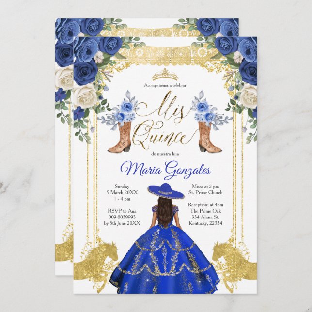 Princess Gold Navy Boots Charra 15th Anos 2 Invitation (Front/Back)