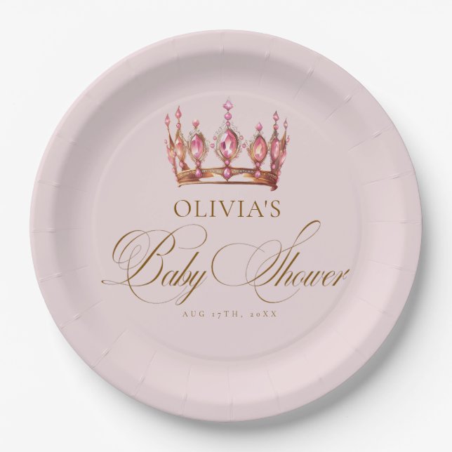 Princess Gold Pink Girl Baby Shower Paper Plate (Front)