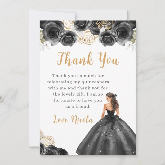 Princess in a Black Dress Quinceanera Thank You Card (Front)