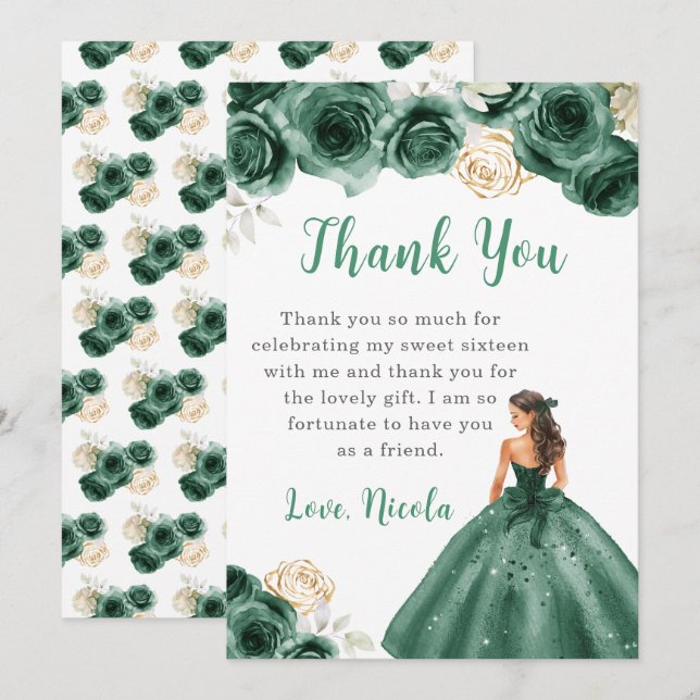 Princess in a Dark Green Dress Sweet 16 Thank You Card (Front/Back)