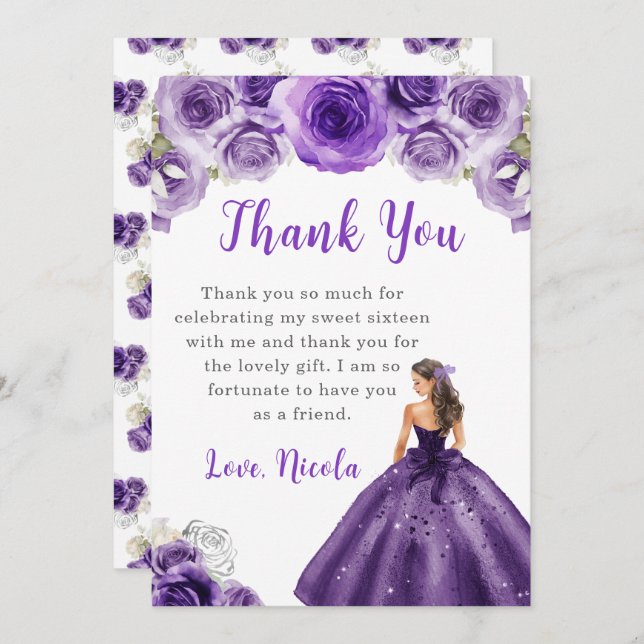 Princess in a Dark Purple Dress Sweet 16 Thank You (Front/Back)