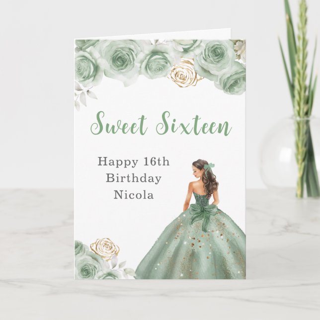 Princess in a Green Dress Sweet 16 Birthday Card (Front)