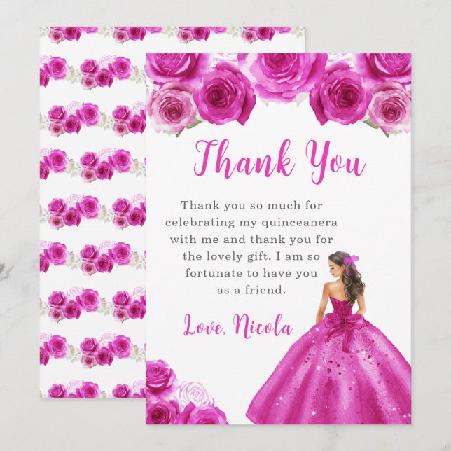 Princess in a Hot Pink Dress Quinceanera Thank You Card (Front/Back)