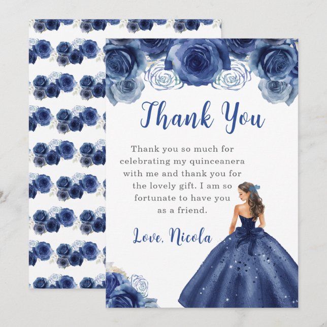 Princess in a Navy Dress Quinceanera Thank You Card (Front/Back)