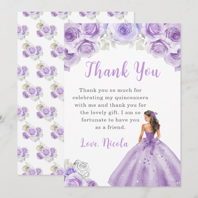 Princess in a Purple Dress Quinceanera Thank You Card (Front/Back)