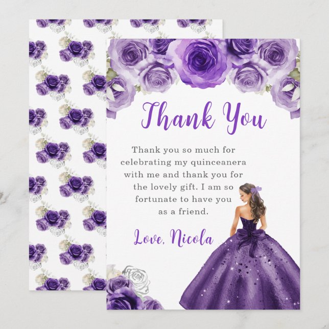 Princess in a Purple Dress Quinceanera Thank You Card (Front/Back)