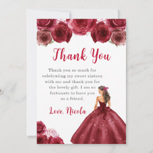Princess in a Red Dress Sweet Sixteen Thank You Card