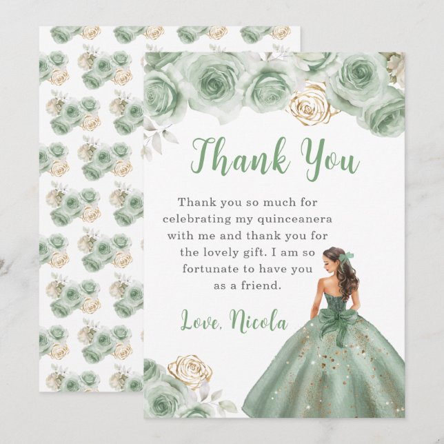 Princess in a Sage Green Quinceanera Thank You Card (Front/Back)
