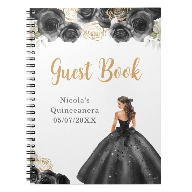 Princess in Black Dress Quinceanera Guest Book (Front)