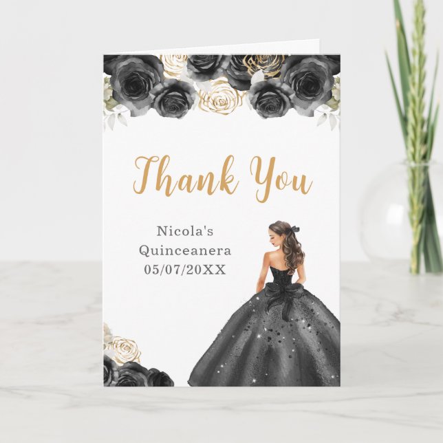 Princess in Black Dress Quinceanera Thank You Card (Front)