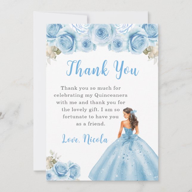 Princess in Blue Dress Quinceanera Thank You Card (Front)