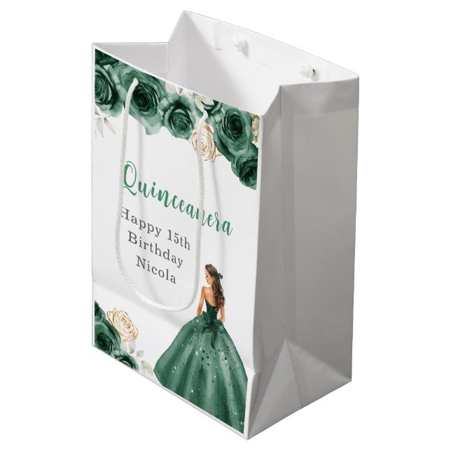 Princess in Dark Green Dress Quinceanera Medium Gift Bag (Front Angled)