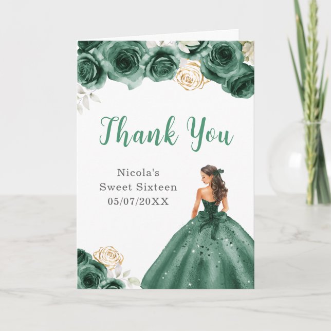 Princess in Dark Green Dress Sweet 16 Thank You Card (Front)