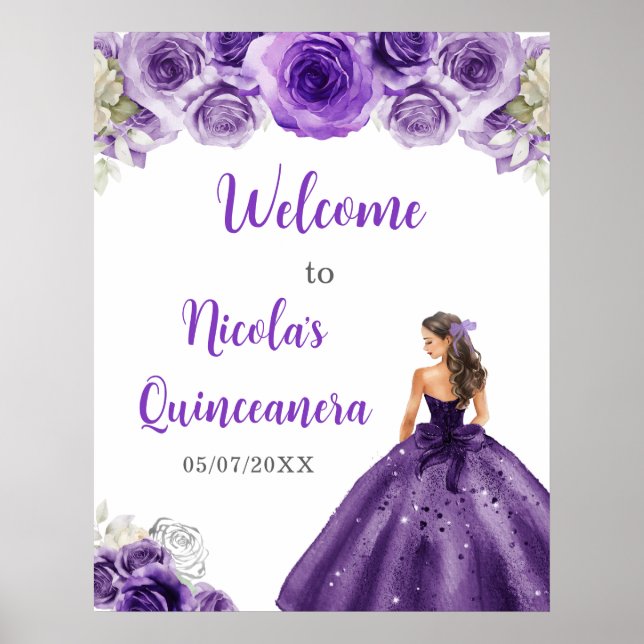 Princess in Dark Purple Dress Quinceanera Welcome Poster (Front)