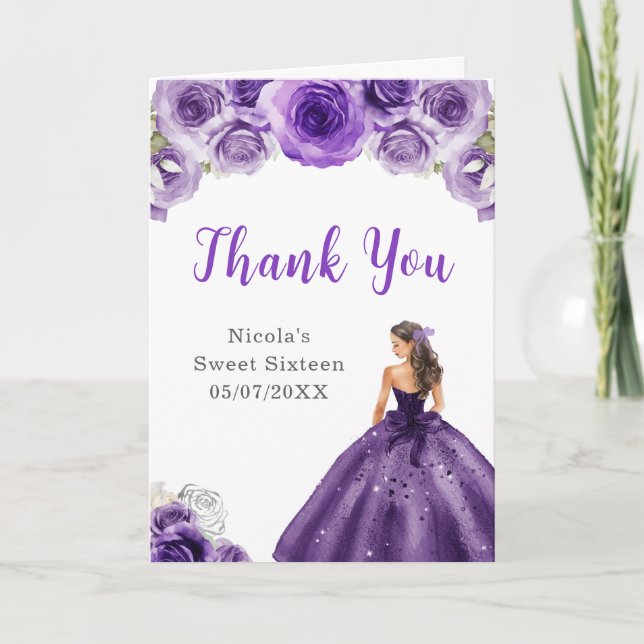 Princess in Dark Purple Dress Sweet 16 Thank You Card (Front)