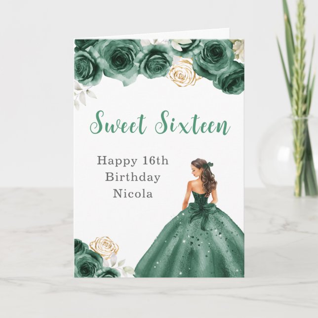 Princess in Green Dress Sweet Sixteen Birthday Card (Front)