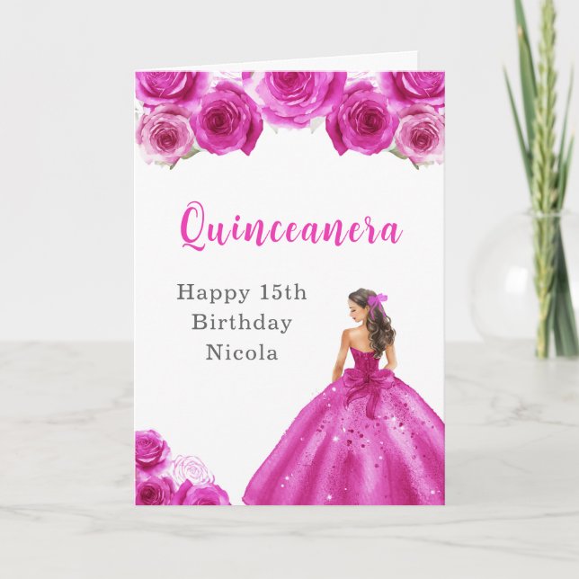 Princess in Hot Pink Dress Birthday Quinceanera Card (Front)