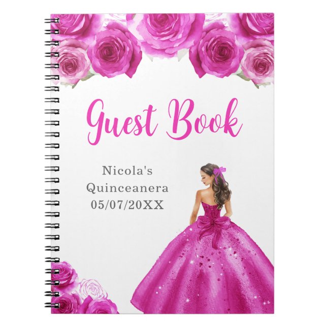 Princess in Hot Pink Dress Quinceanera Guest Book (Front)