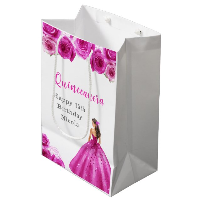 Princess in Hot Pink Dress Quinceanera Medium Gift Bag (Front Angled)