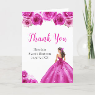 Princess in Hot Pink Dress Sweet Sixteen Thank You Card