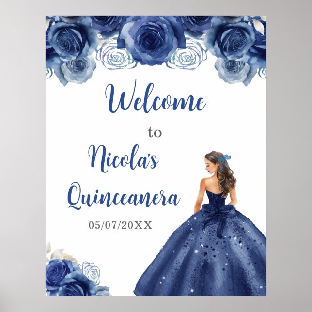 Princess in Navy Blue Dress Quinceanera Welcome Poster (Front)