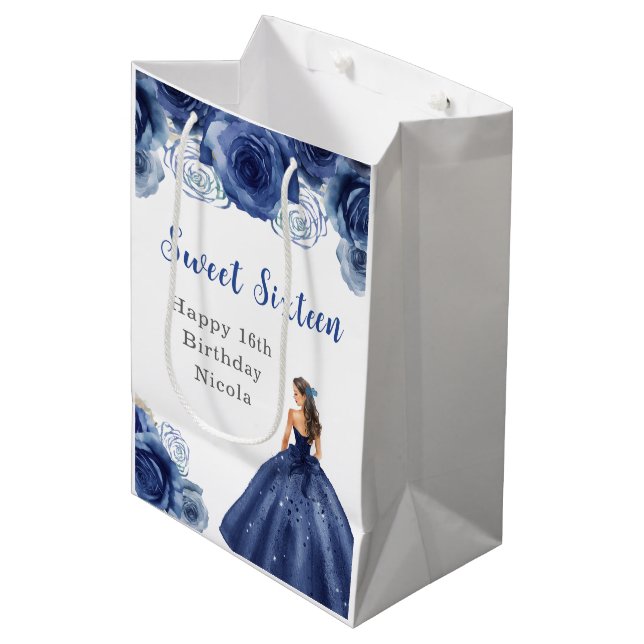 Princess in Navy Blue Dress Sweet Sixteen Birthday Medium Gift Bag (Front Angled)