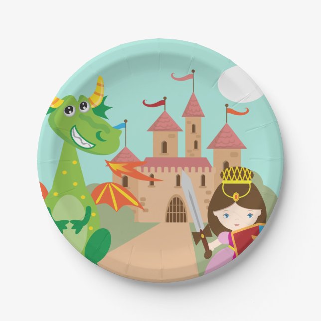 Princess in Pink Castle and Smiling Dragon Paper Plate (Front)