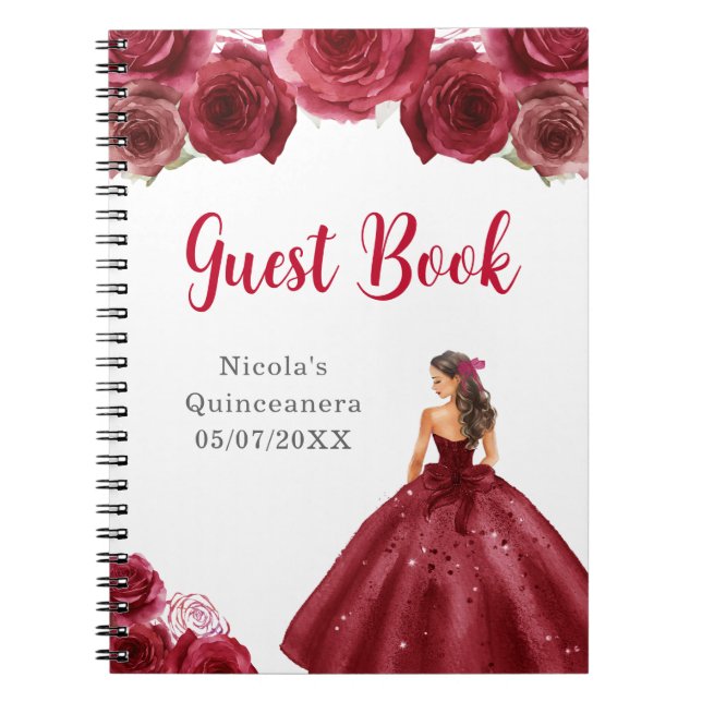 Princess in Red Dress Quinceanera Guest Book (Front)