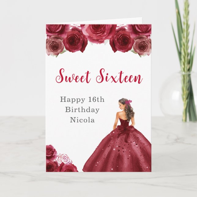 Princess in Red Dress Sweet Sixteen Birthday Card (Front)