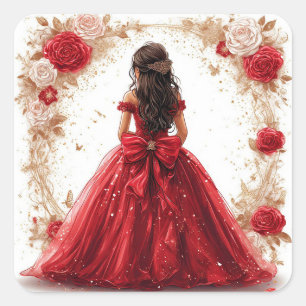 Princess in Red Gown Surrounded by Roses Square Sticker