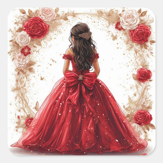 Princess in Red Gown Surrounded by Roses Square Sticker (Front)