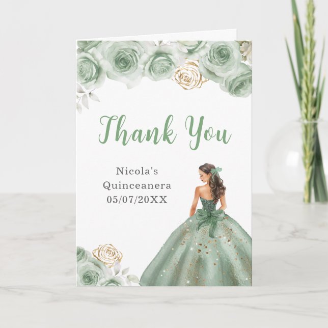 Princess in Sage Green Dress Quinceanera Thank You Card (Front)