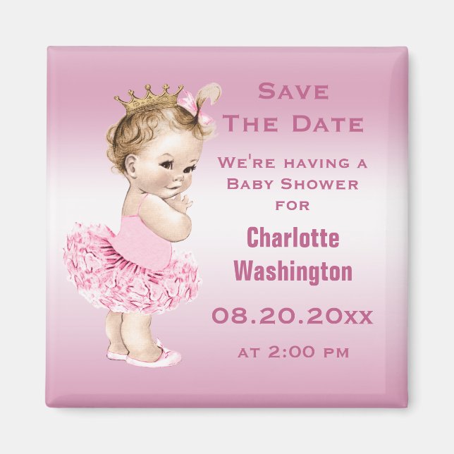 Princess in Tutu Baby Shower Save the Date Pink Magnet (Front)