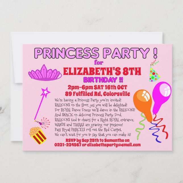 PRINCESS invitation fun fairytale birthday invite (Front)