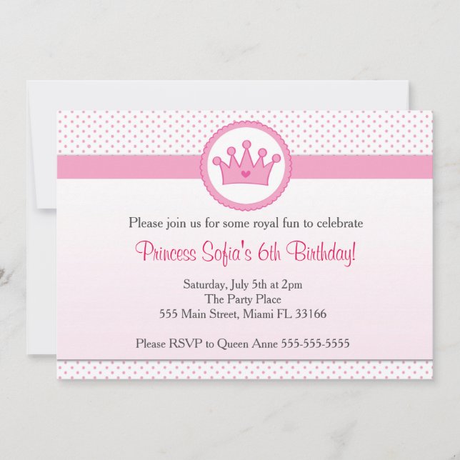 Princess Invitation Girl Birthday Party Pink Crown (Front)