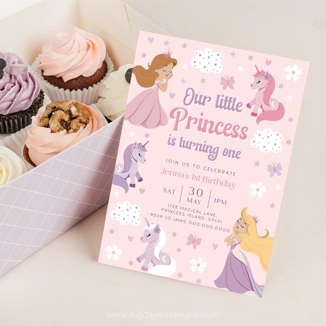 Princess Invitation One. Our Little Princess (Princess and Unicorn Pink 1st Birthday Invitation)