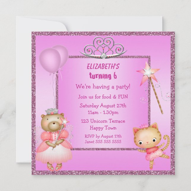 Princess Kitty & Bear, Tiara & Glitter Invites (Front)