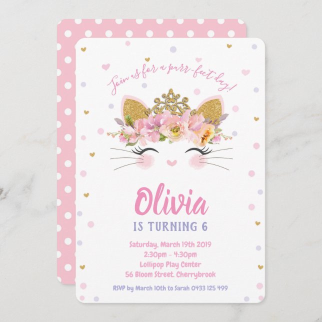 Princess Kitty Cat Birthday Party Girl Invitation (Front/Back)